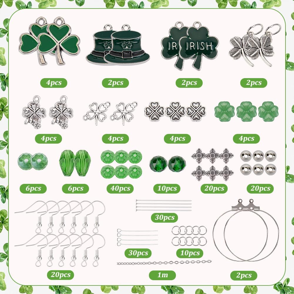 SUNNYCLUE 1 Box DIY 10 Pairs St Patricks Day Earrings Making Kit Silver 3 Leaf Clover Charms Irish Shamrock Charm Green Glass Spacer Beads for