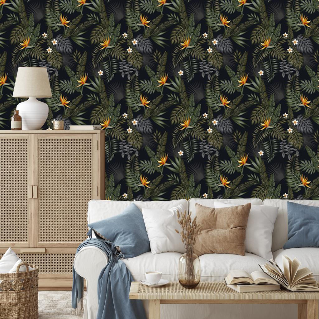 Tropical Leaves and Flowers Wallpaper for Living Room and Bedroom 50x1000