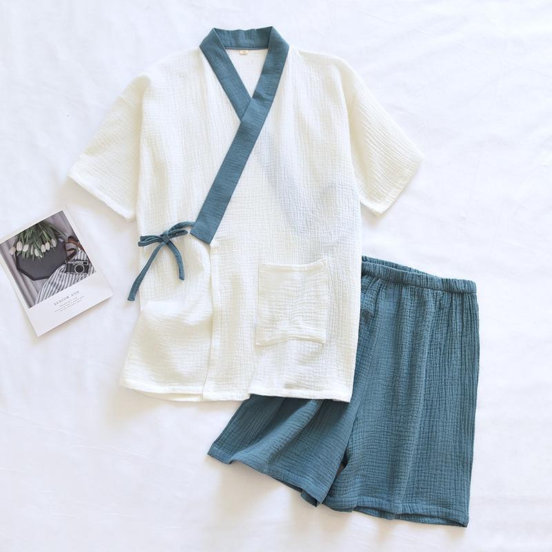 Pyjama Kimono Hanfu Style Japonais Ensemble de Nuit pour Femmes Couleur Fraîche Fil de Coton Crêpe Manches Courtes Short Combinaison d'Intérieur