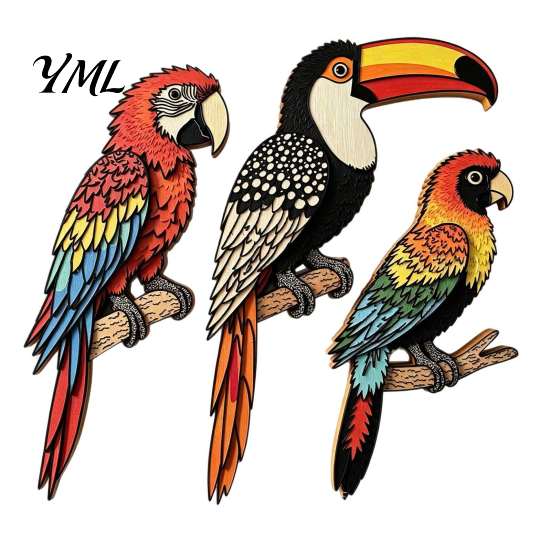 Modern Home Wall Ornament 3Pcs Tropical Bird Wooden Decor, Toucan Parrot 2D Flat Wood Colorful Forest Decor Art, Animal for Living Room Bedroom