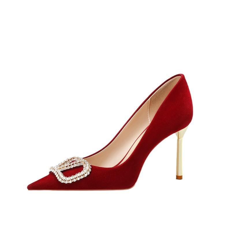 New Thin Heel Burgundy Wedding Shoes Female Bride Shoes Xiuhe Wedding Dress Two Wear High Heels Toasting Shoes Are Not Tired
