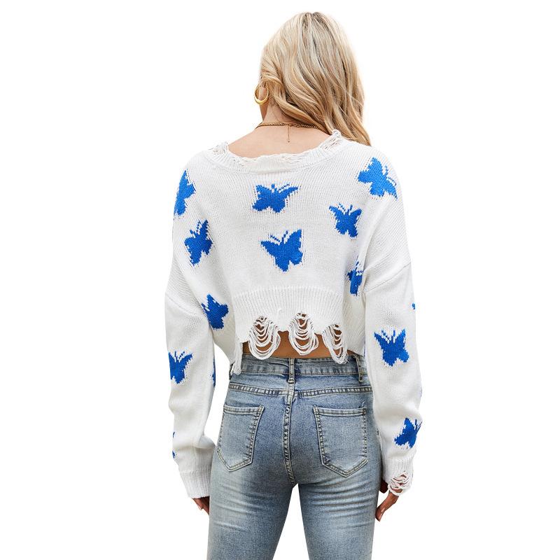 Sweater Butterfly Knitted Top Off shoulder Ripped Short Korean Lazy Style Short Sweater Women's Summer and Autumn