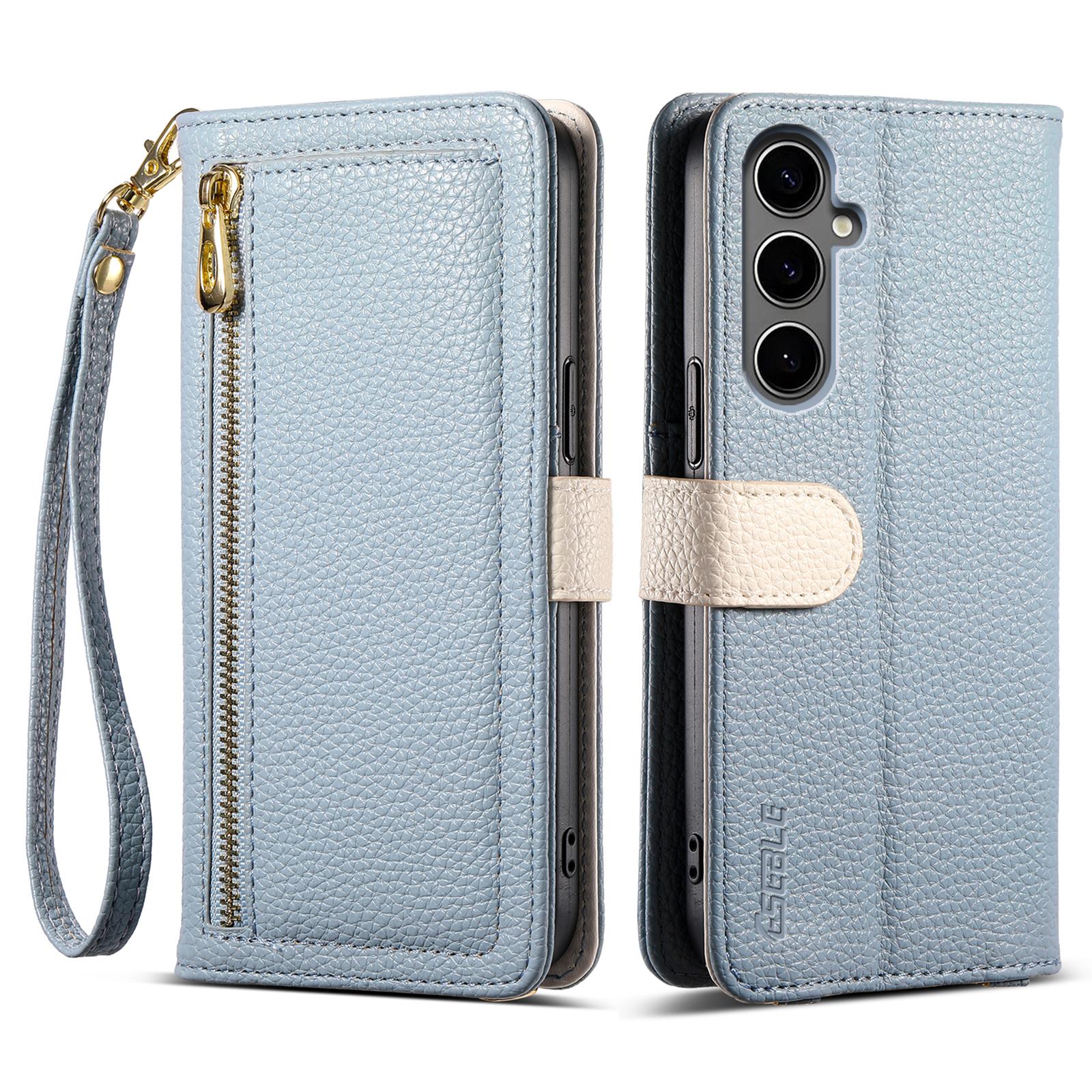 

ESEBLE E11 For Samsung Galaxy A55 5G Case Zipper Pocket Litchi Texture Leather Phone Cover with Mirror and Wrist Strap Sky Blue