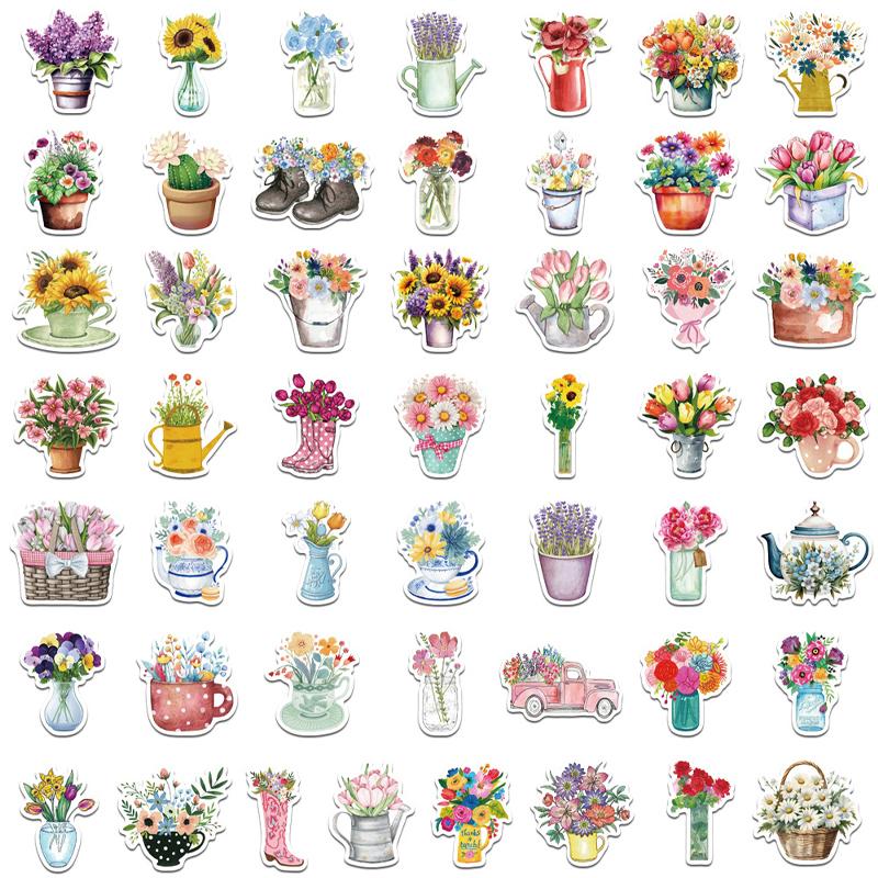 50 Pcs Potted Flower Stickers Cartoon Vinyl Waterproof Plants Sticker for Laptops Water Bottles Flower Pots Vases Guitar Decals