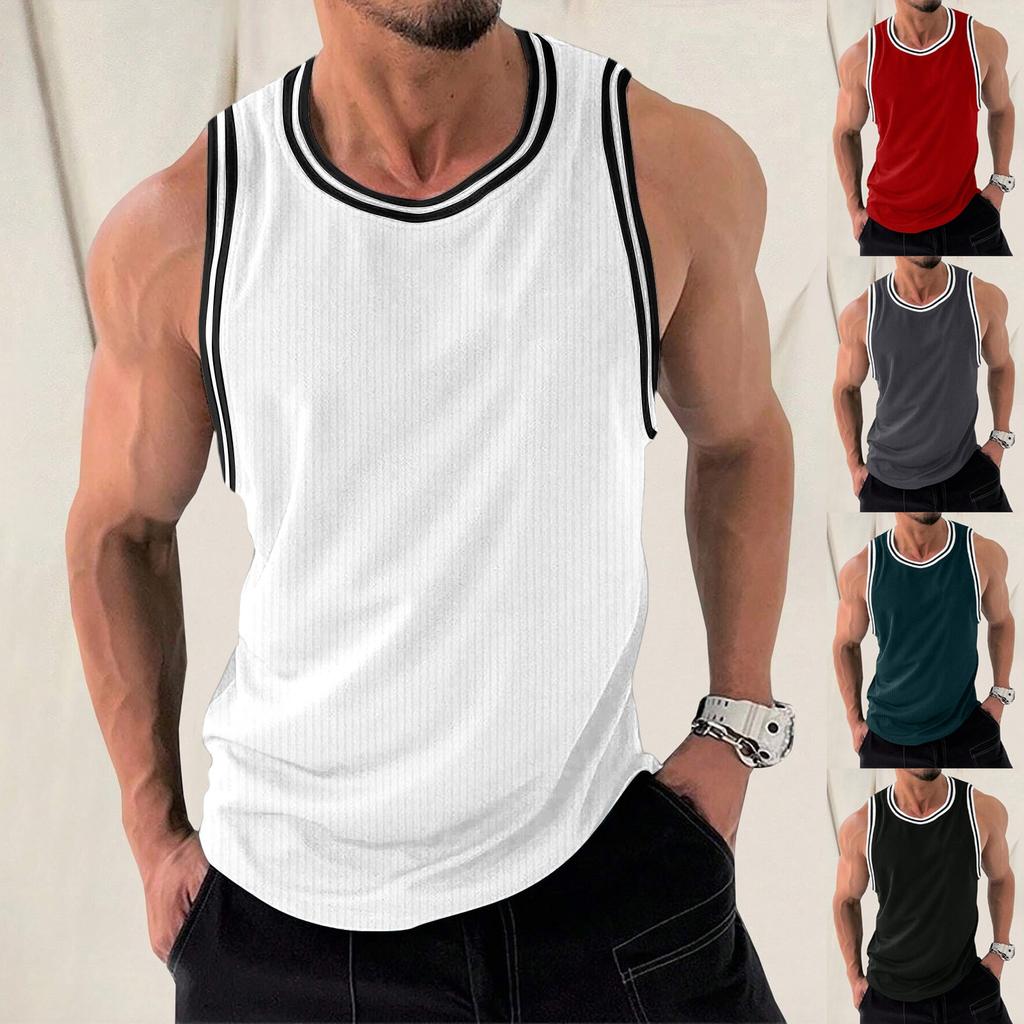 Men's Knit Vertical Stripes Fitness Exercise Slim-fit I-block Color Vest