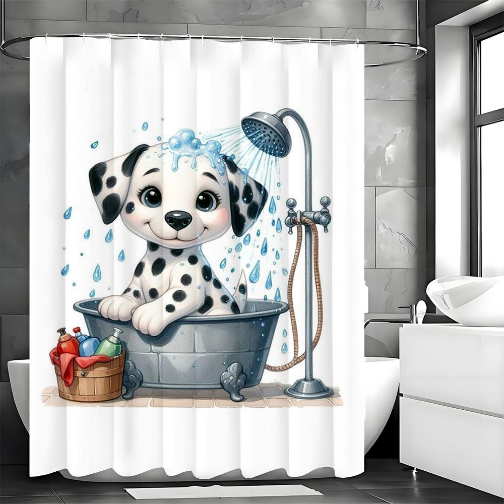 Urocza kreskówkowa zasłona prysznicowa w kropki z psem, dekoracyjna zasłona prysznicowa do łazienki, wodoodporna zasłona prysznicowa z haczykami