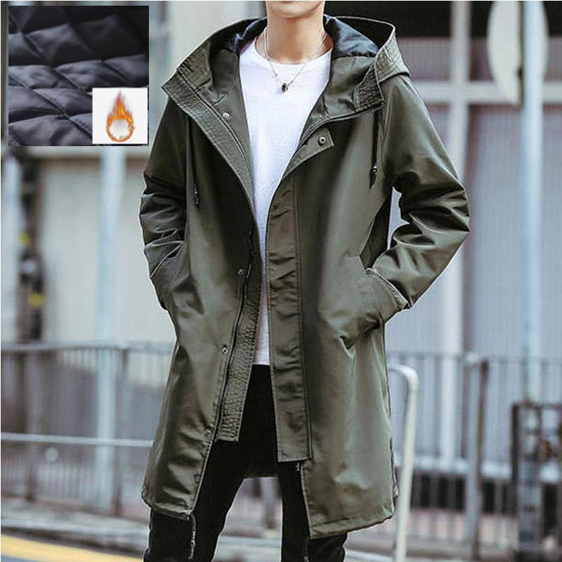 Spring Autumn Long Trench Thick Coat Men Fashion Hooded Windbreaker Black Overcoat Casual Winter Jackets