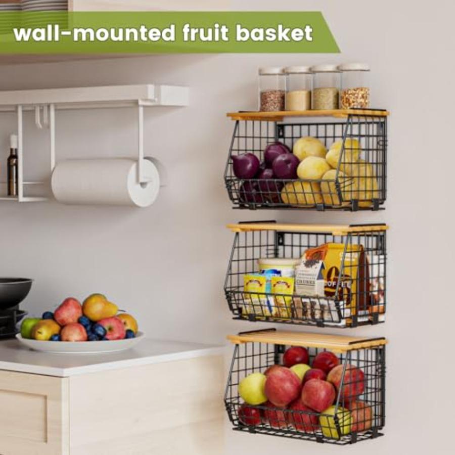 Wire Fruit Basket for Kitchen Storage: Hanging and Counter Basket for Vegetable Produce - Potato and Storage for Pantry 3 Pack