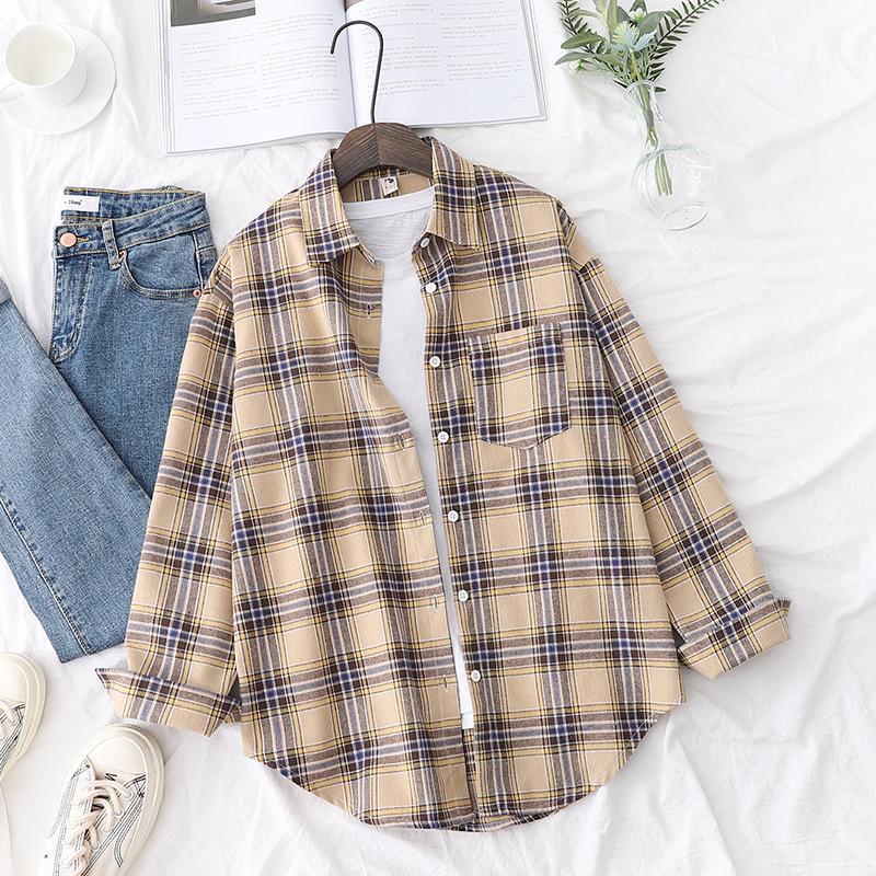Camisa de Franela a Cuadros Fresca para Mujer 2025 Nuevas Blusas y Tops para Mujer Algodón Holgado Manga Larga Camisas Casuales Ropa Fina para Mujer