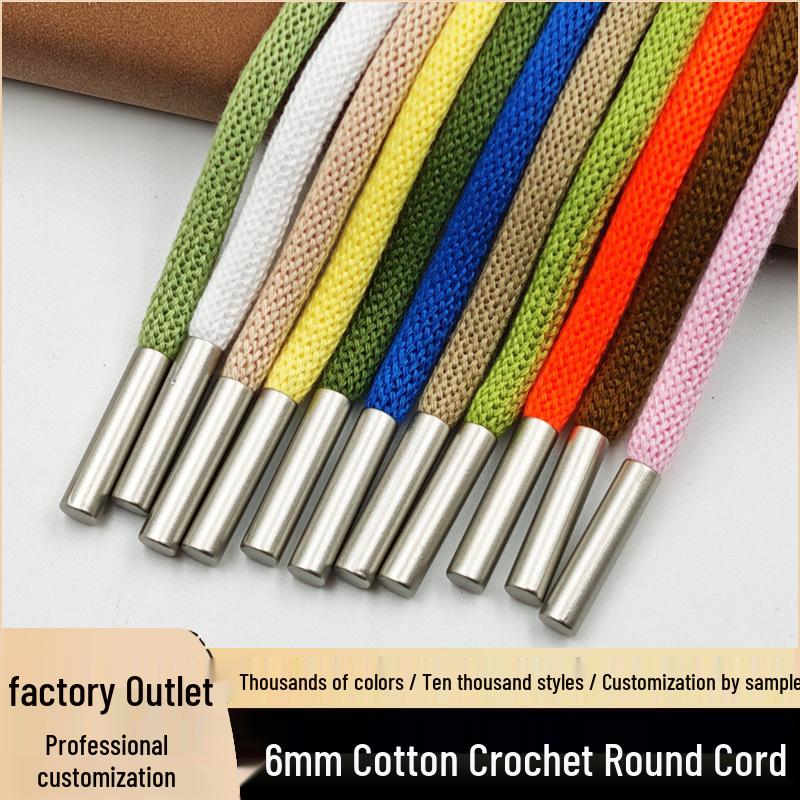 6mm Polyester Cotton Crochet Round Cord Hoodie Drawstring for Sportswear Pants with Alloy Cord End.