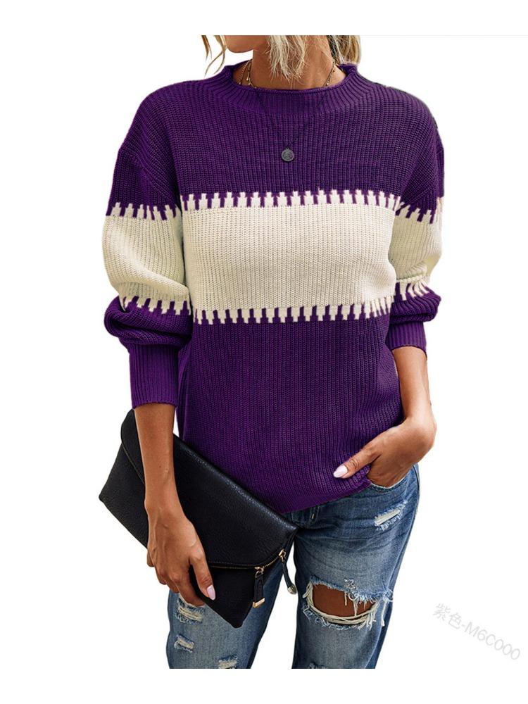 Contrast Colour Striped Knitted Sweater for Women Bell Sleeves Top Women's Round Neck Luxurious Relaxed-fit Slimming and Versatile Top