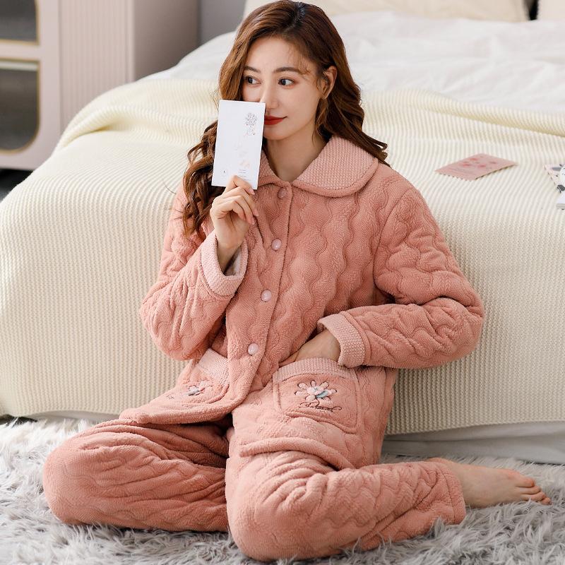 Padded Pajamas Women'S Winter Three-Layer Thickened Velvet Coral Velvet Autumn And Winter Padded Jacket Can Be Worn Outside Loungewear Set