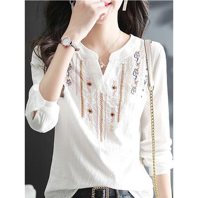 Women Spring Autumn White Blouses Tops Lady Casual Embroidery V-Neck Long Sleeve Vintage Loose Blusas Top