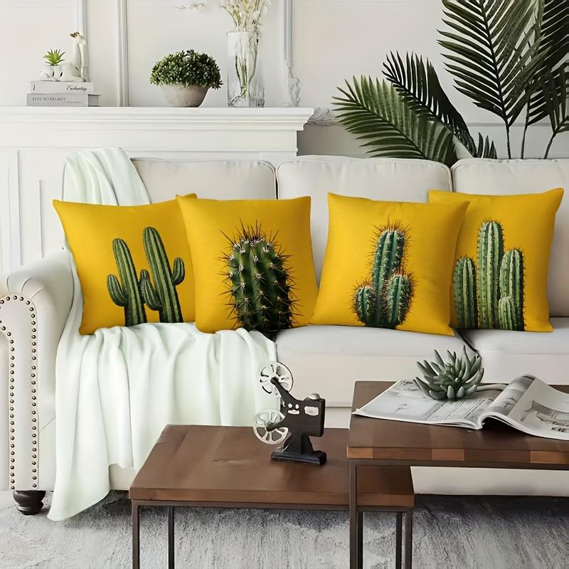 4-Piece 2D Printed Pillowcase Set – Cactus Pattern On Yellow Background