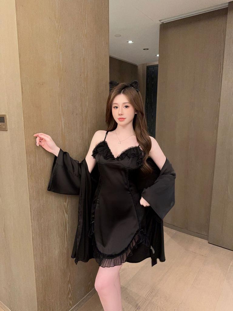 Sexy pajamas women's ice silk lace pure desire wind belt chest pad suspender nightgown nightgown silk thin loungewear set