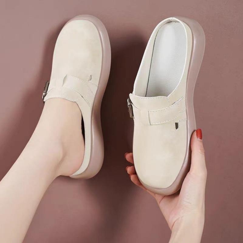 

Мода 2025 Горячая Распродажа Женская Обувь Закрытый Носок Женские Тапочки Модная Пряжка Ремня Повседневные Тапочки Женские Новые Большой Размер Плоские Тапочки 42 грязно-белый