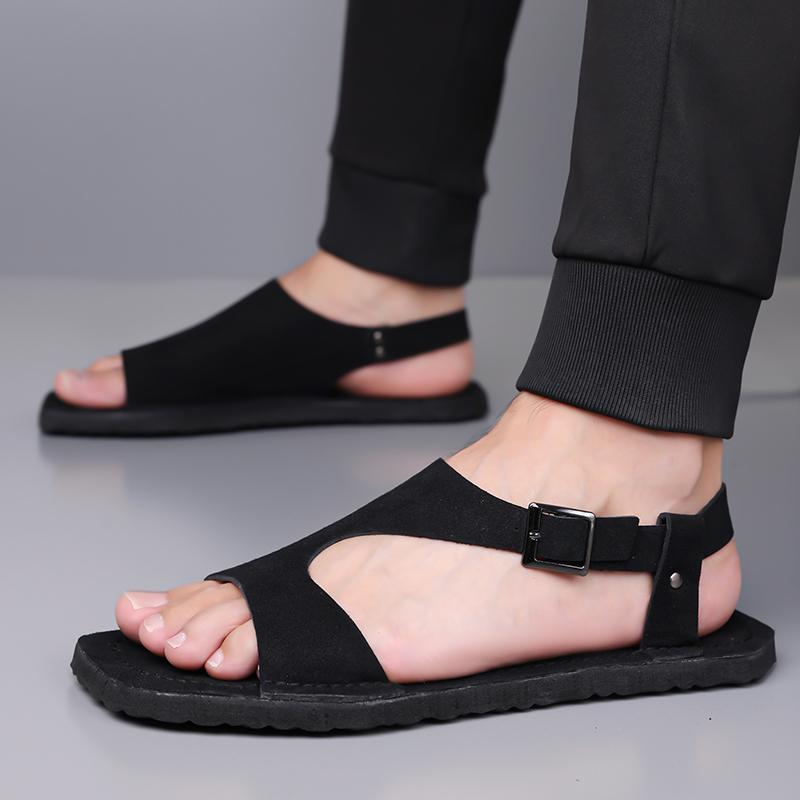 Men Black Sandals Slippers Handmade Simple Flats Summer Roman Sandals Open Toe Beach Shoes Plus Size