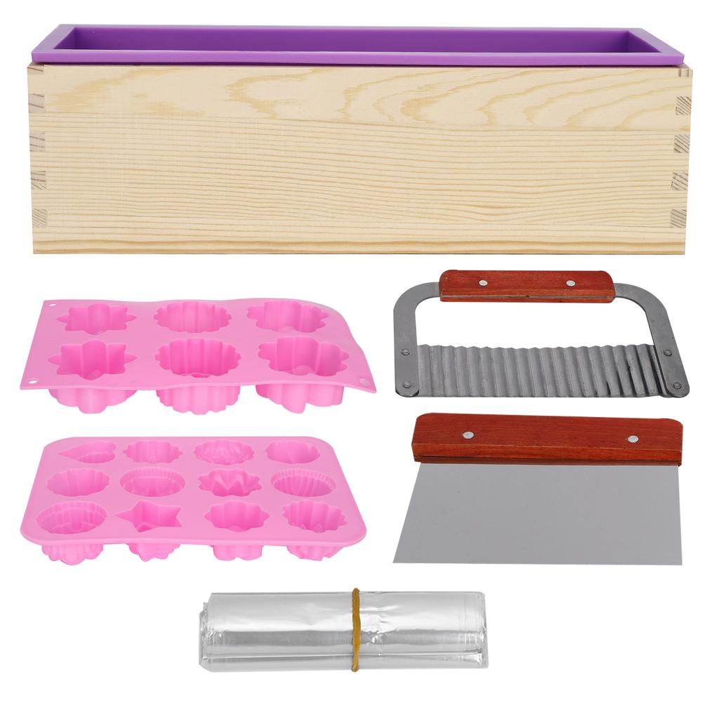 DIY Silicone Hand Made Soap Mold Set Wood Box Wavy Straight Cutter Molds Heat Shrinkage Film