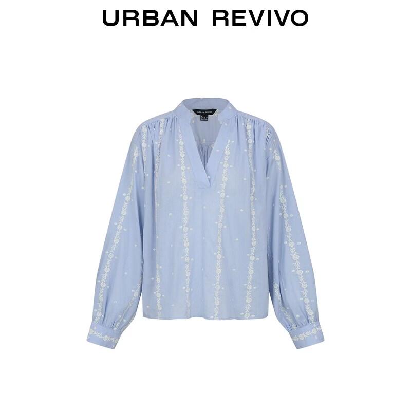 UR 2026 Spring Women's Color-block Embroidered Stand Collar Blouse