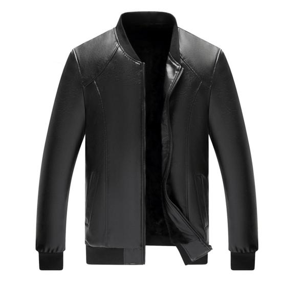 Men Coat Solid Color Stand Collar Windproof Faux Leather Thicken Plush Lining Zipper Jacket Streetwear