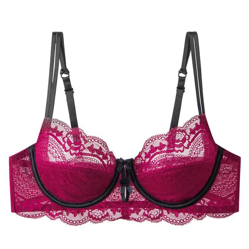 Lace Bra Large Busts Thin Padding 3/4 Cup Wireless Comfortable Underwire-Free In Red Black White Pink Green