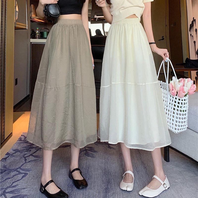 Summer A-shaped skirt women's medium and long gauze skirt Mori sweet pendulum skirt organza skirt