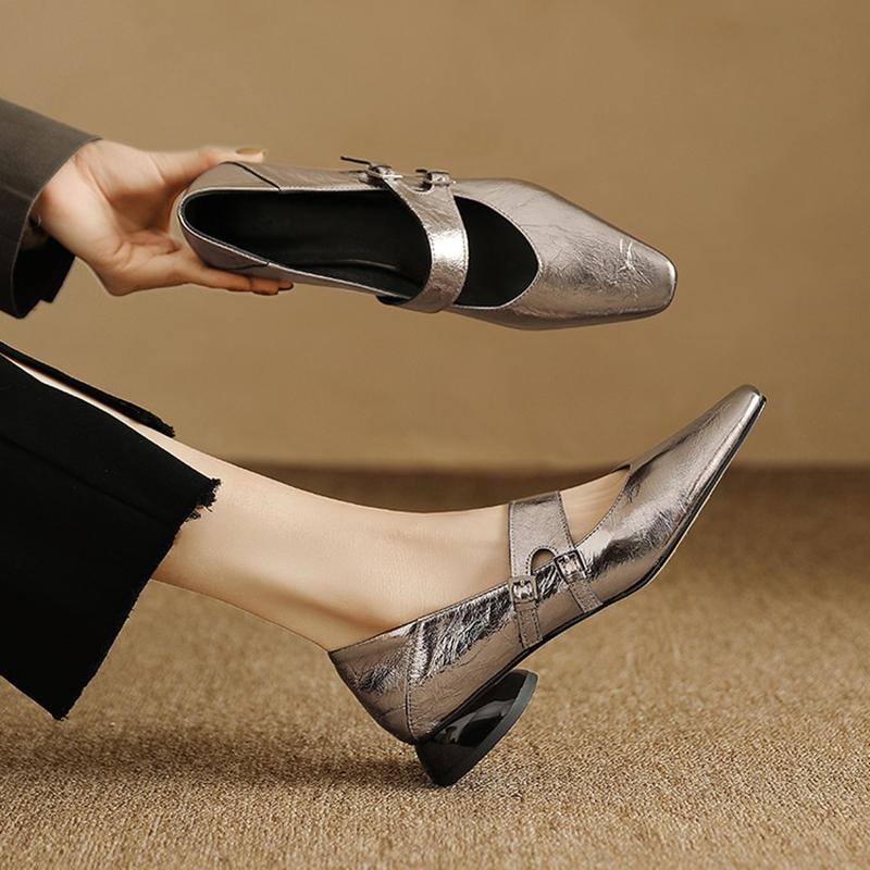 Fashion NEW Spring/Autumn Women Pumps Square Toe Low Heel Shoes Genuine Leather Shoes for Women Concise Belt Buckle Mary Janes Shoes