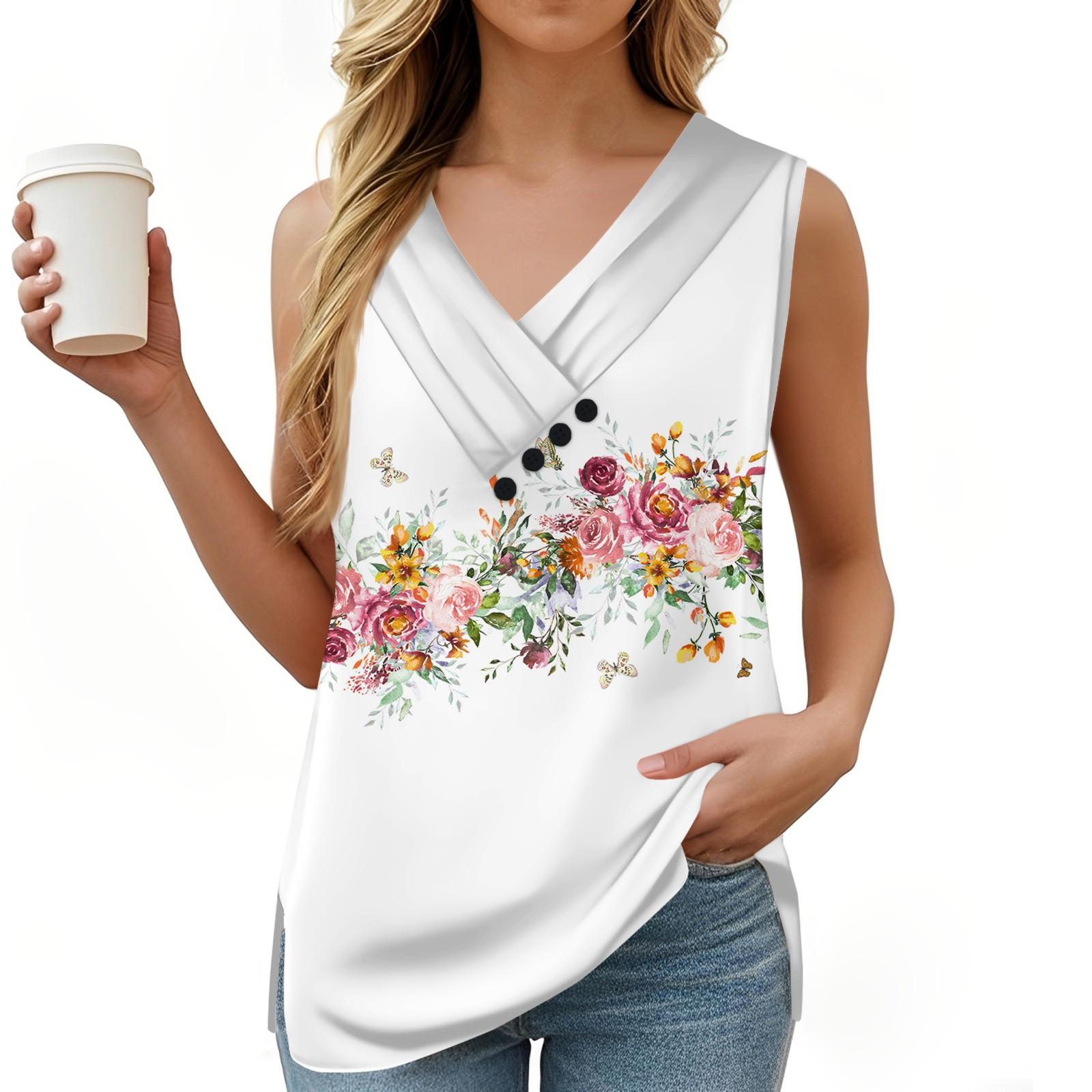 

Женская майка с винтажным цветочным принтом, летняя футболка на пуговицах с V-образным вырезом, свободный модный топ без рукавов XL белый