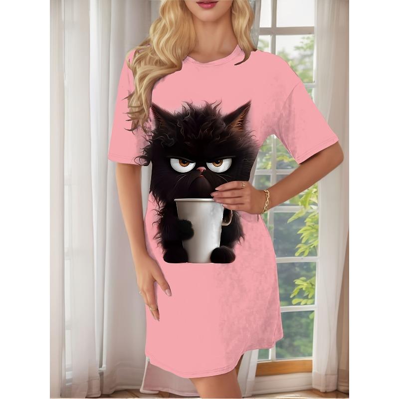 3D Cat Printed Casual Versatile Fashion Women's Summer Dresses High-quality Comfortable Lightweight Mid Length Dress