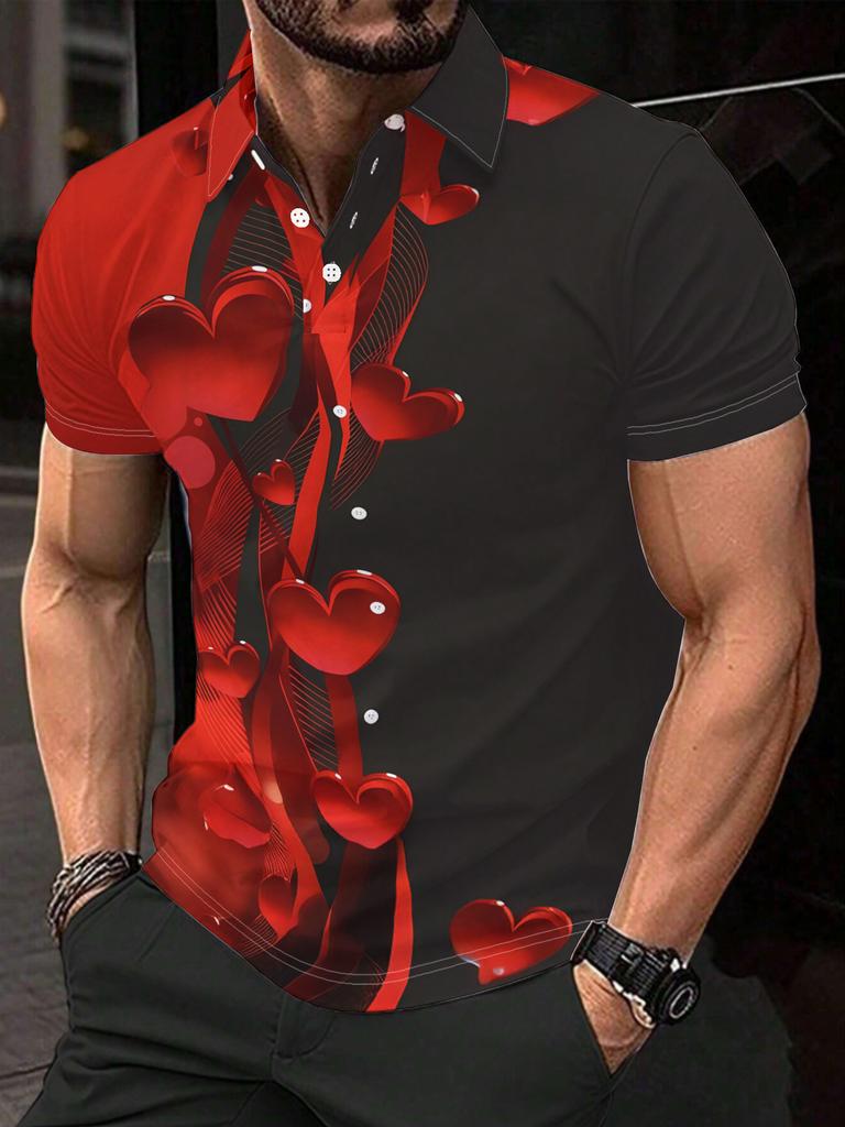 Valentine's Day Print - Men's Short Sleeve Polo Shirt, Flat Digital Print Pattern - Textured Red Heart Ribbon Background, Fashionable Minimalist Short