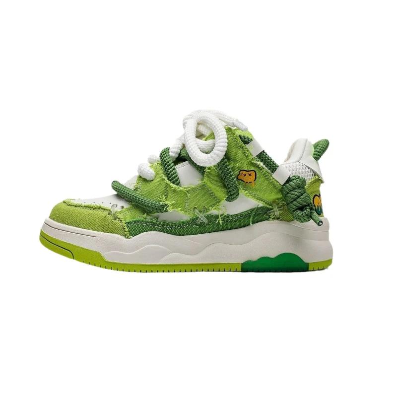 Green Trendy Men's Shoes  Fashion Versatile Breathable Anti Slip Sports Shoes Korean Thick Sole Street Casual Flat Shoes