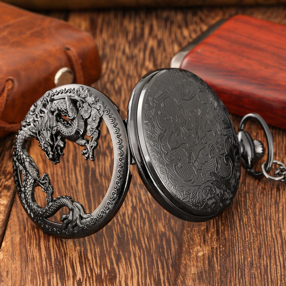 Antique Chinese Zodiac Dragon Vintage Quartz Pocket Watch with Chain, Retro Flip Cover Hollow Pendant Christmas Gift