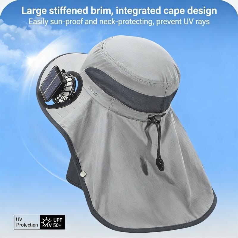 Solar Powered Cooling Hat With Solar Fan Adjustable Fan Breathable Neck Flap For Outdoor Fishing Camping Hiking