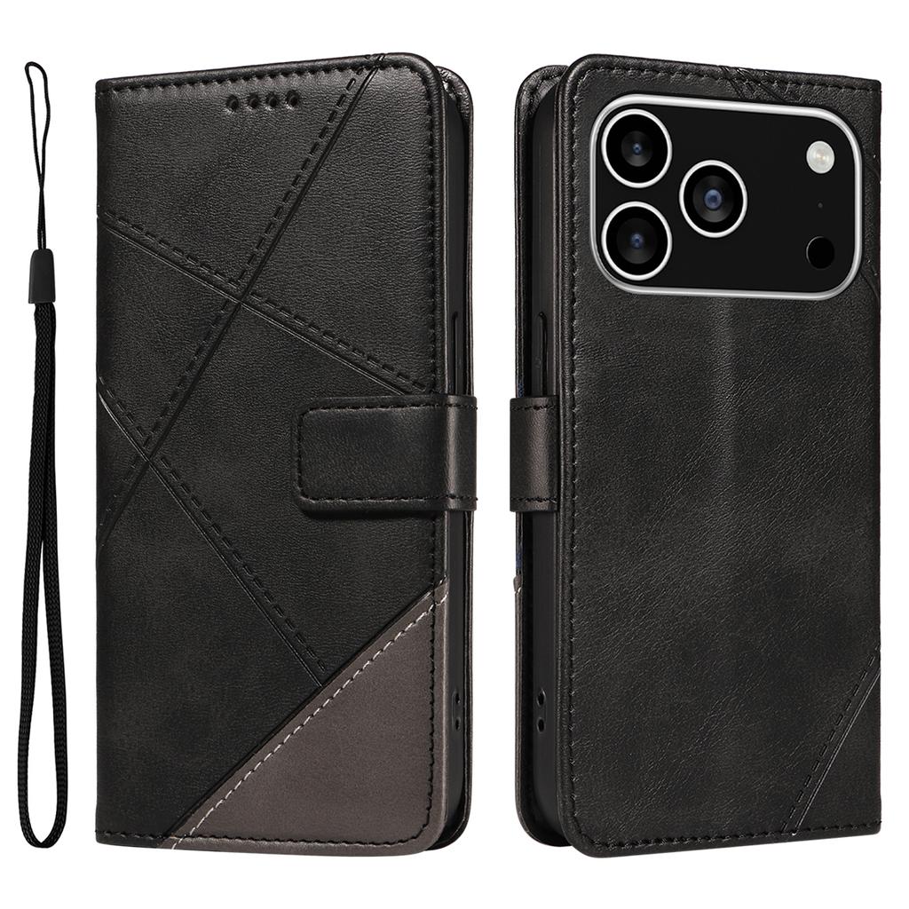 For iPhone 17 Pro Leather Case Geometric Line Design Wallet Phone Cover with Wrist Strap