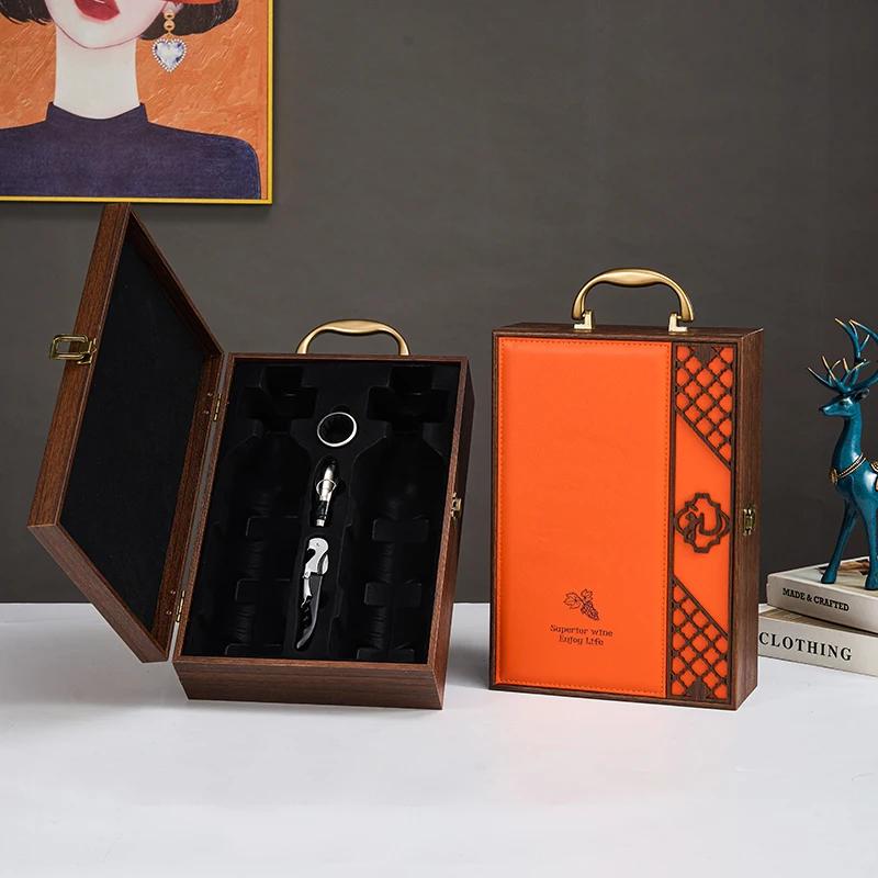Single/Double Leather Box Wine Bottle Box Luxury Handle Wooden Organizer Gift Wood Wine Holder for 2 Red Wine Packaging
