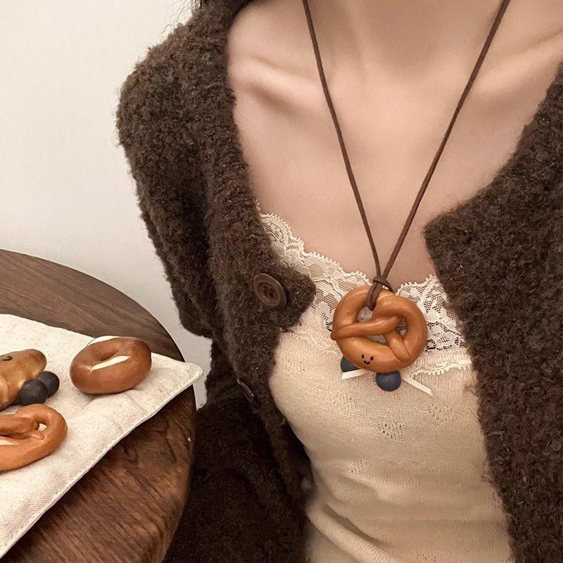 Handmade alkaline water bread pendant neck necklace croissant kink bagel bag decorative pendant deerskin rope sweater chain