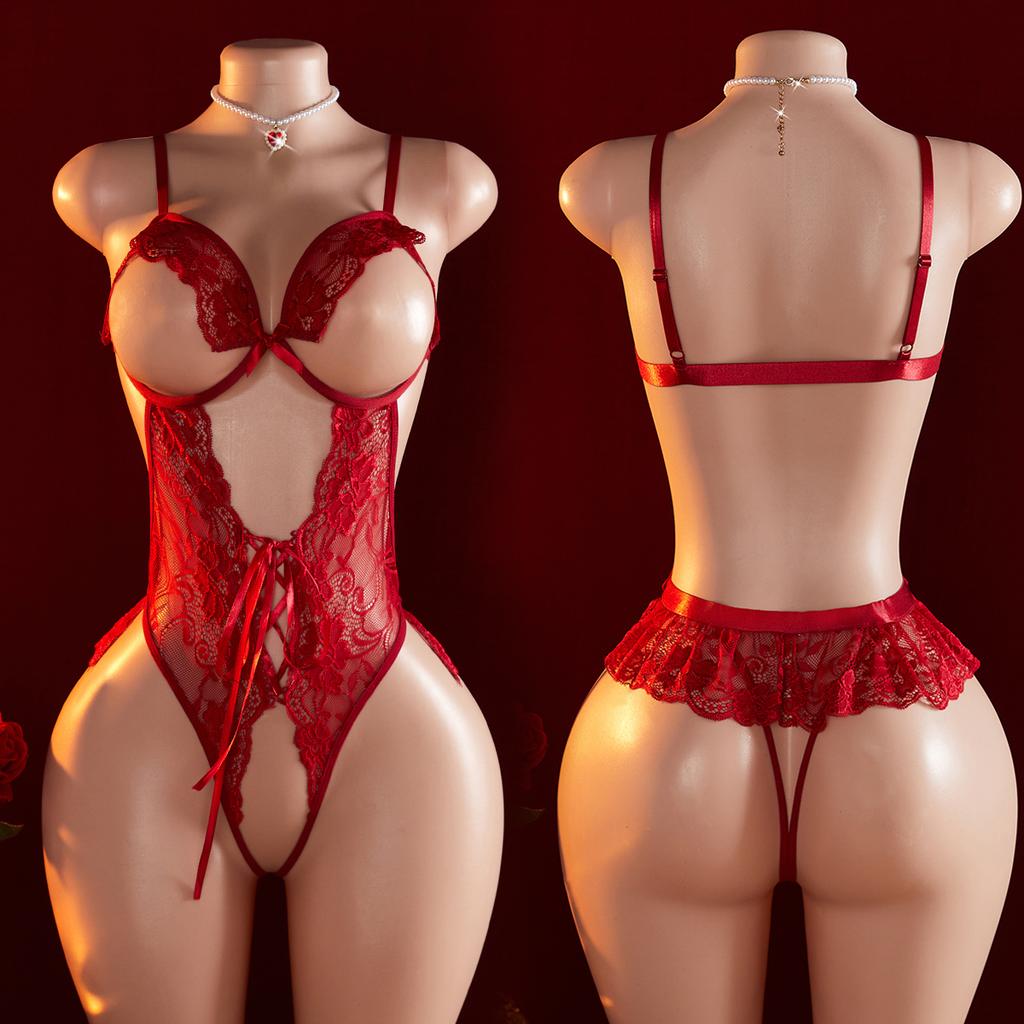 Transparent Red Sex Lingerie Women Super  Erotic Underwear Crotchless Open Chest Lace Teddies Bodysuit Sexy Outfits For Xx18