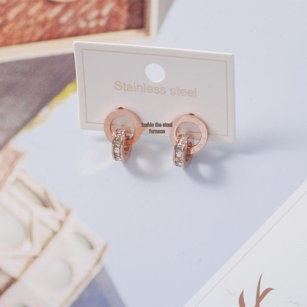 Titanium Steel Korean Roman Numeral Double Circle Stud Earrings