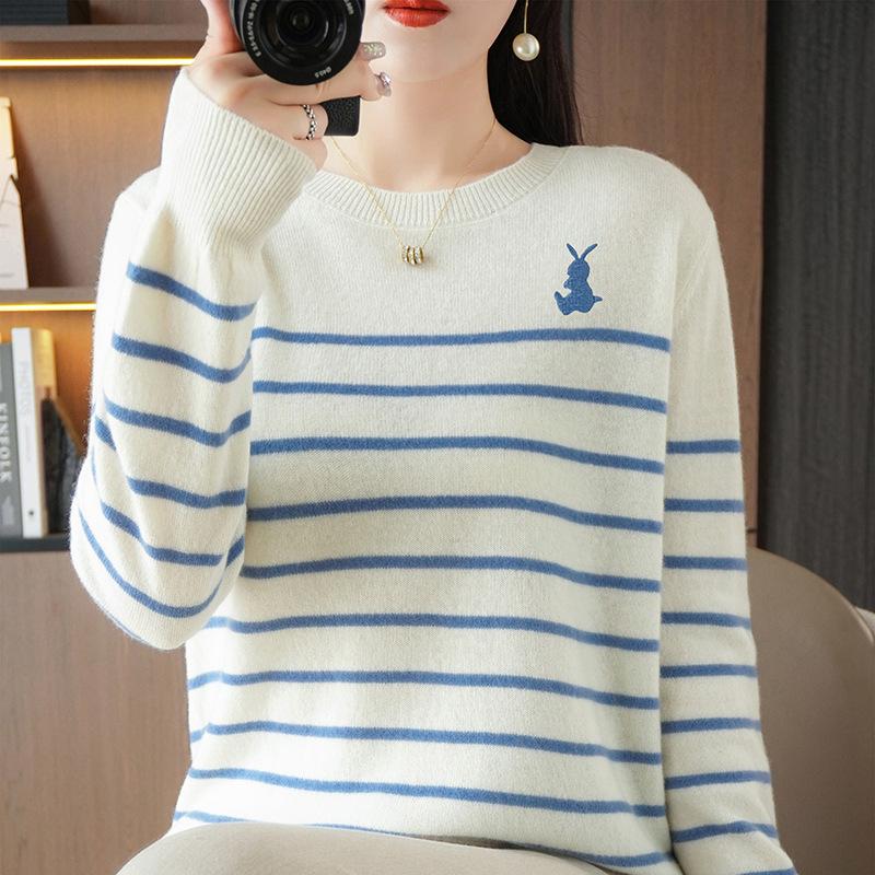 

Осень и Зима Новый Пуловер Женский Свитер с Круглым Вырезом Полосатый Вязаный Свитер Базовый Слой XXL синий