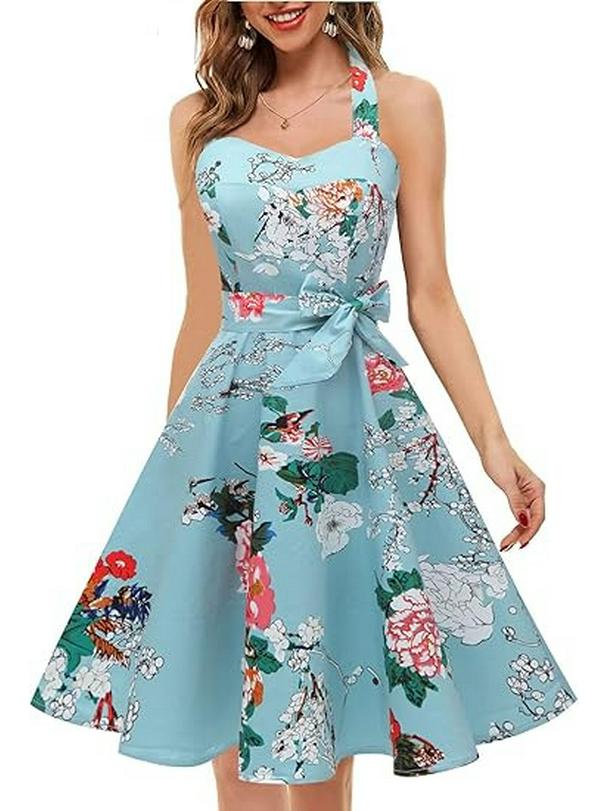 2026 Women's Summer Backless Halter Dress with Retro Print