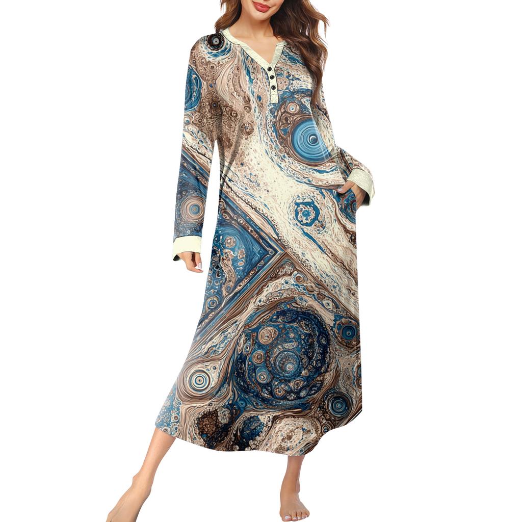 Damska koszula nocna długa odzież wypoczynkowa dekolt V sukienka nocna z kieszeniami