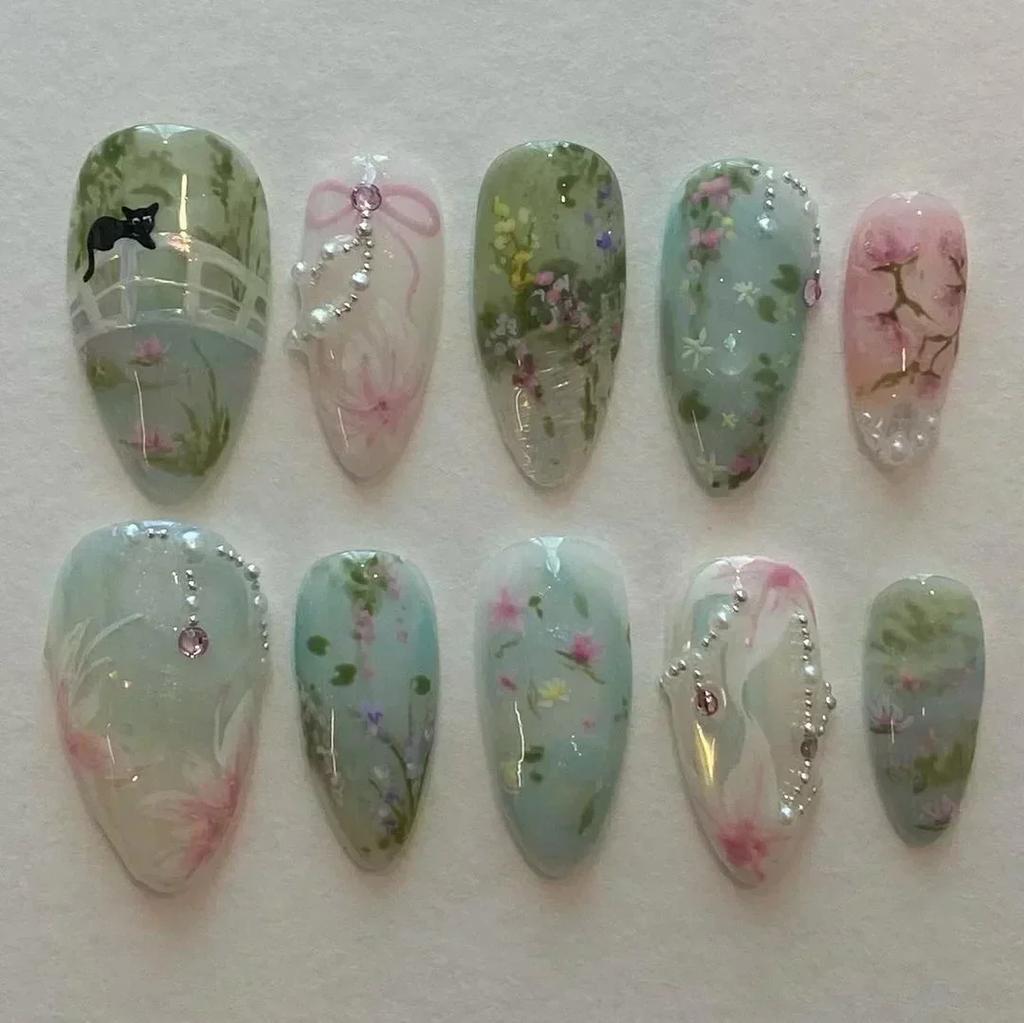 Short Almond Press on Nails 3D Flower Butterfly Fake Nails with Glue Colorful Natural Acrylic False Nails Full Cover Nails
