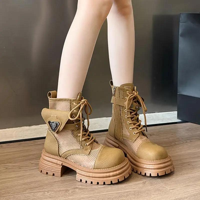 Fashion Punk Metal Decoration Breathable Mesh Boots Women 2025 Summer Chunky Platform High Heel Ankle Boots Fashion Thick Bottom Shoes