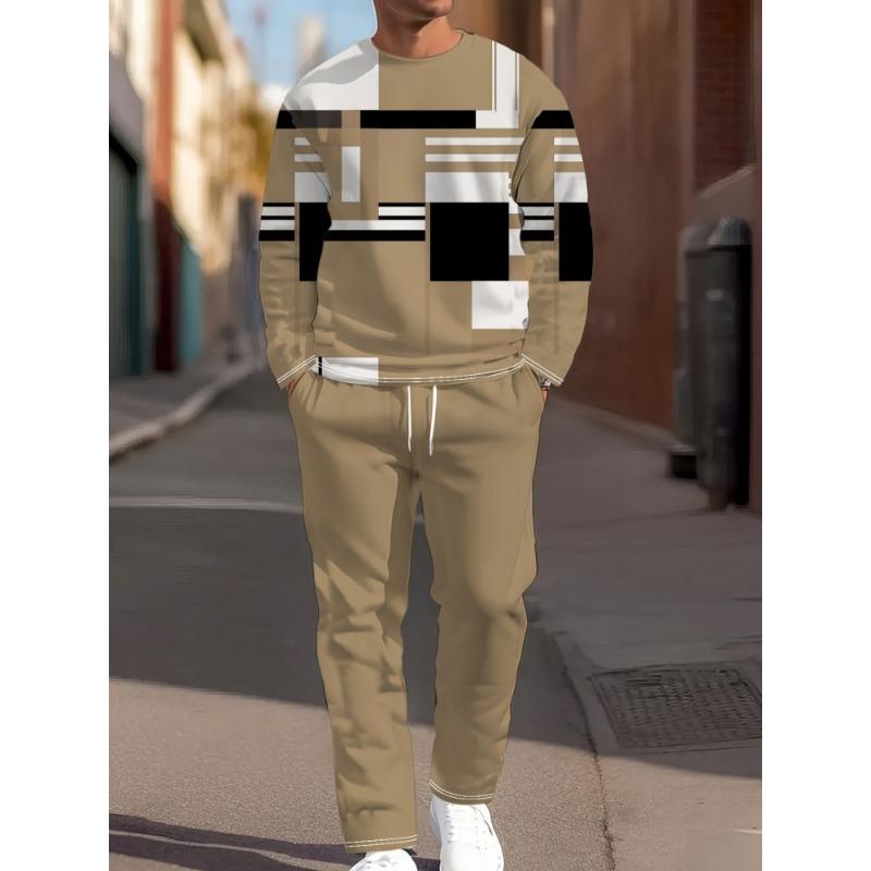 Herbst Freizeit Herren Langarm Set Trendiger Farbverlauf Print Outdoor Rundhals Langarm Oberteil & Lässige Hose Zweiteiliges Set
