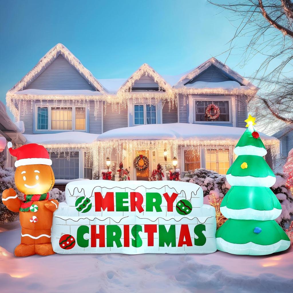 Syncfun 10 FT Christmas Inflatable Gingerbread Man And Christmas Tree for Holiday Inflatable Outdoor Decoration Xmas Party Gift