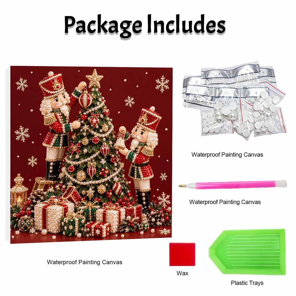 Handmade Framed Pearl Painting Set with Christmas Nutcracker Tree Design 5D Shiny Bead Art Canvas Creative Craft for Room Decor