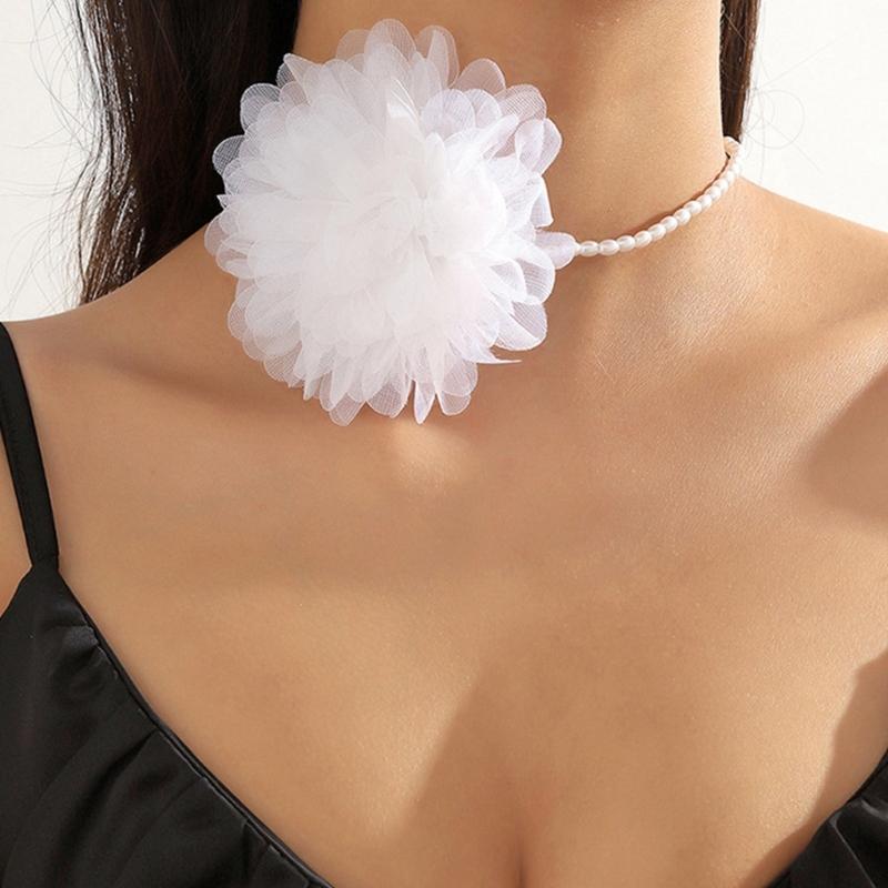 Simple Gauze Flowers Neckband Choker Necklace Jewelry Temperament Pearl Neck Chain Women Clavicle Chain Necklace