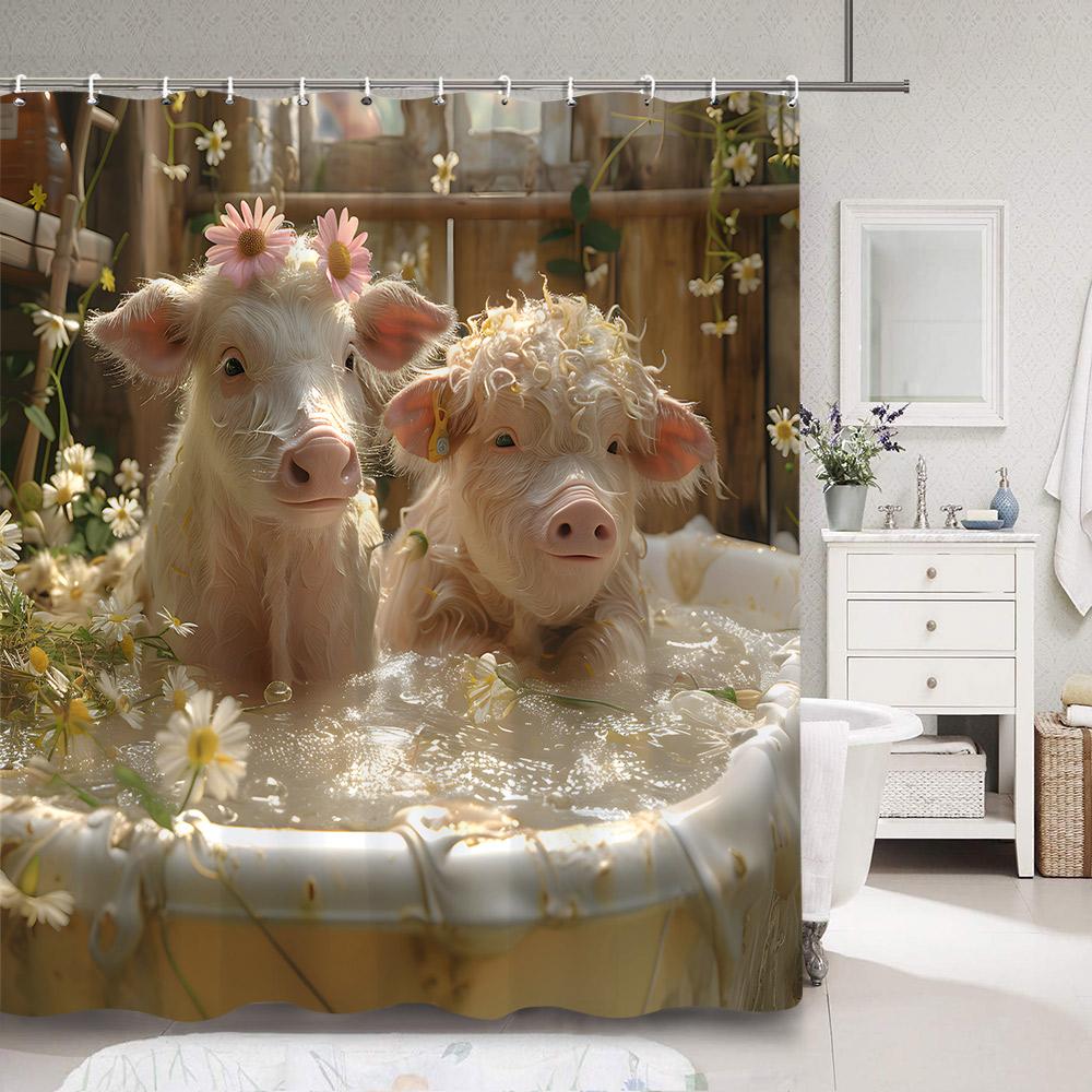 Cute Pig in Bathtub Bath Curtain for Kids Funny Cartoon Animals Rustic Wooden Plank Polyester Fabric Bath Curtain Bathroom Dec