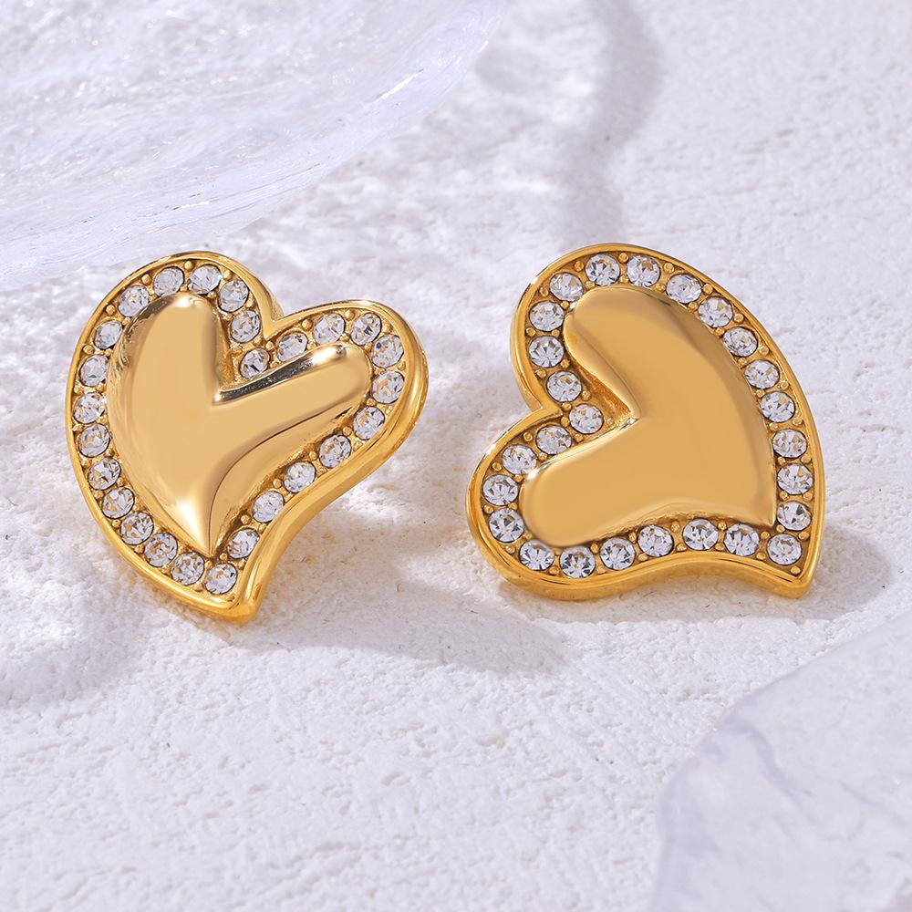 European & American Gold-Plated Titanium Heart Stud Earrings with Diamonds - Women's Fashion Jewelry