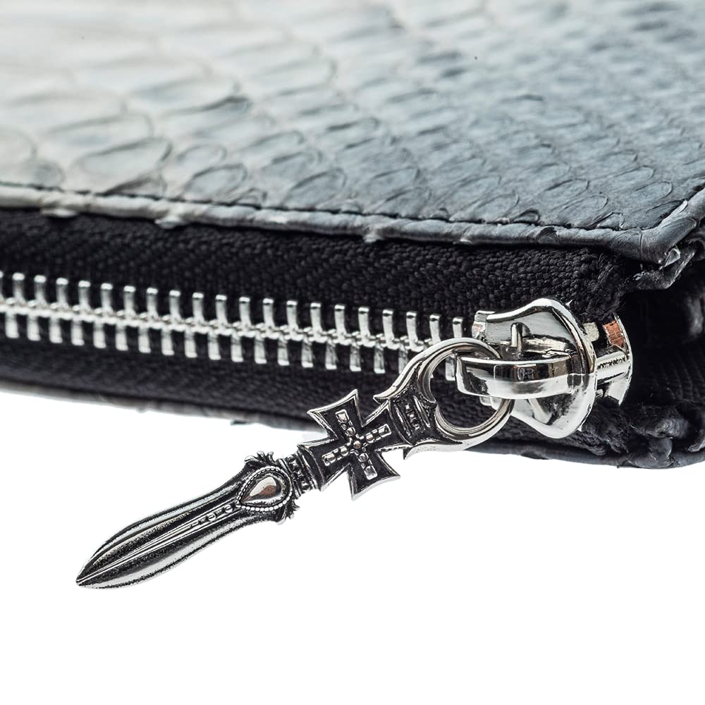 Artemis Classic L-Shaped Slim Gray Python Long Wallet (ZW0008) - Men's Long Wallet with Zipper, Snake Pattern, and Genuine Leather